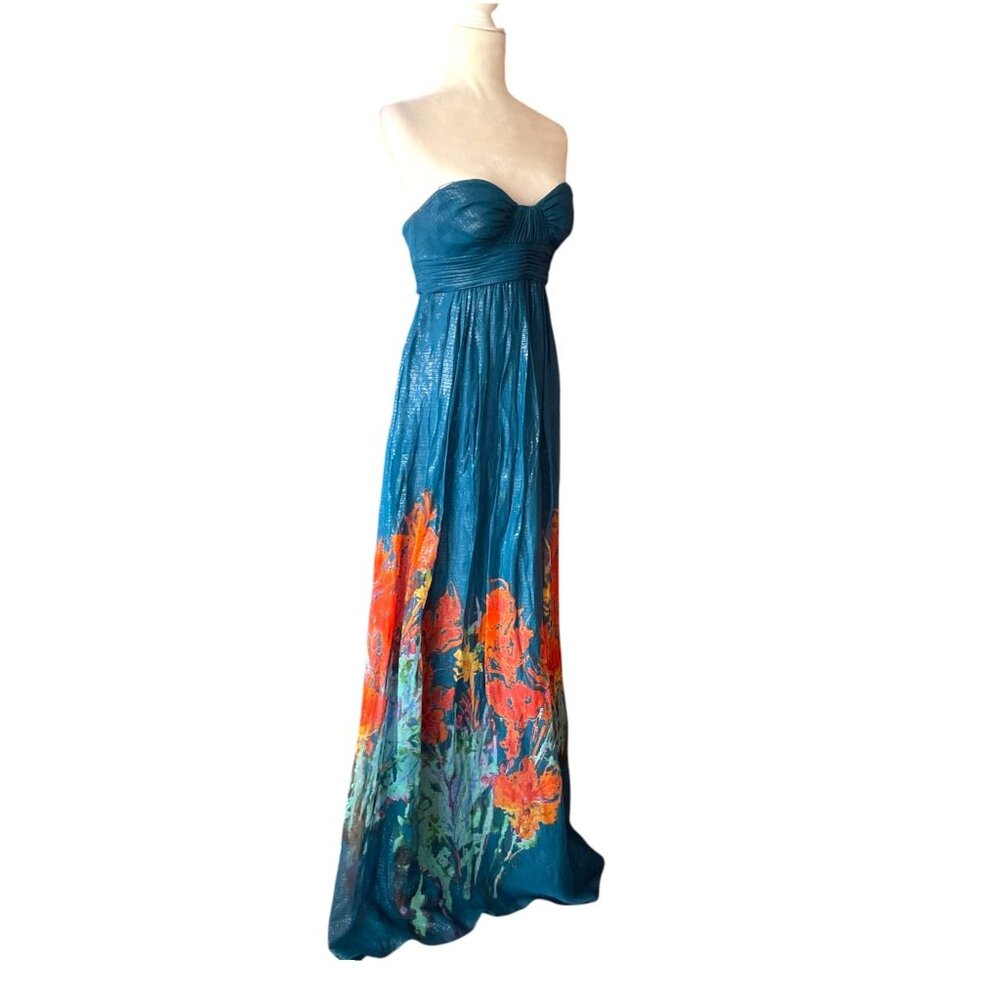 Vintage Aqua Silk Blend Fairycore Strapless Maxi Dress Floral Boho Goddess Sz 6 - Picture 3 of 16